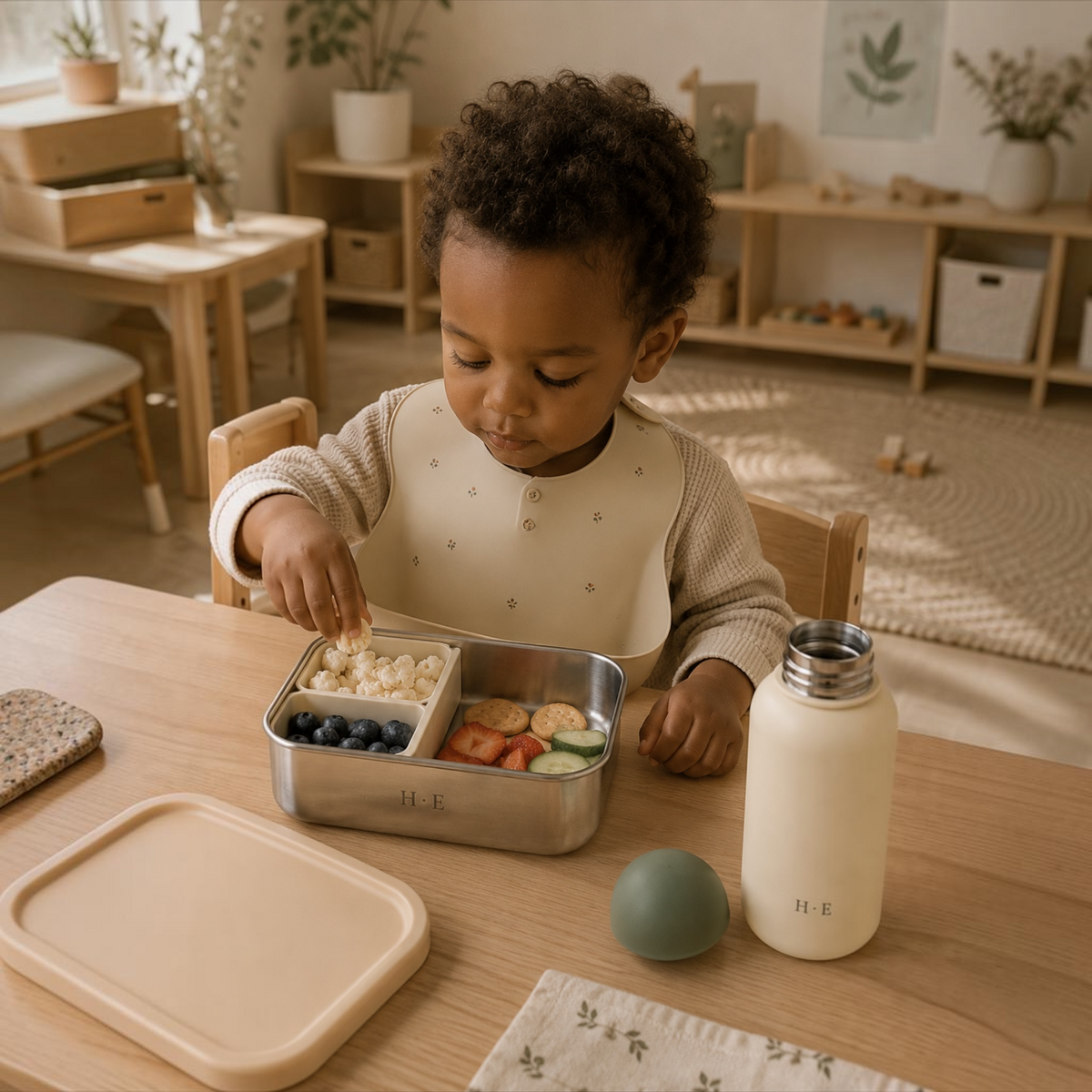 Child eating from a Fen kids lunch box with a Pebble Bottle nearby