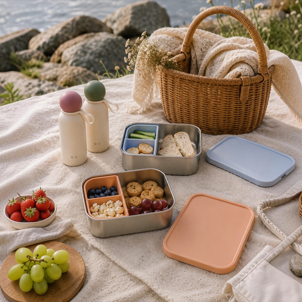 Picnic spread with Fen lunch boxes, Pebble Bottles and fresh fruit