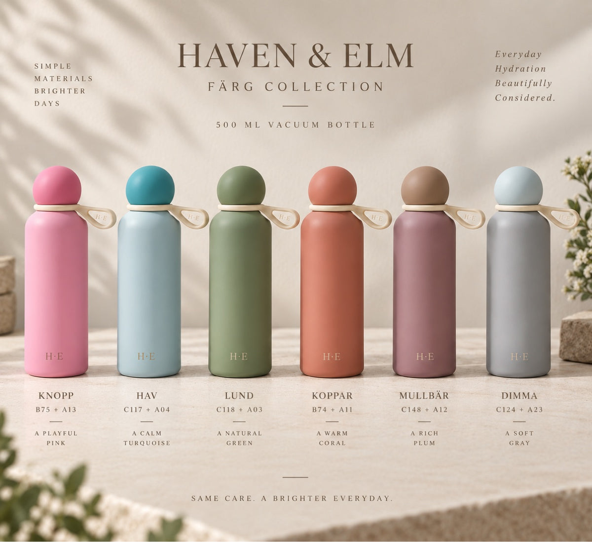 Haven & Elm Färg Collection – six 500 ml vacuum bottles in Knopp pink, Hav turquoise, Lund green, Koppar coral, Mullbär plum and Dimma gray